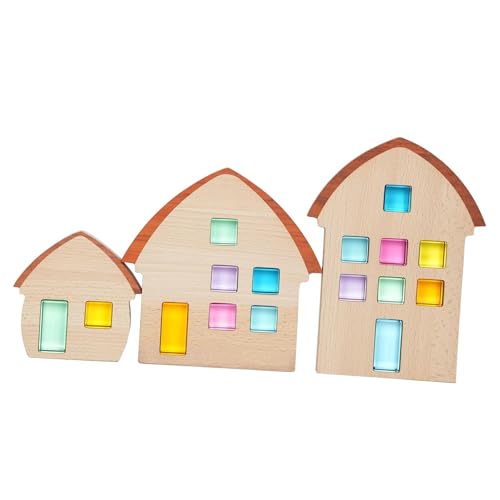 Milageto 3-teiliges Holzhaus-Baustein-Ornament Montessori Dekoratives Holzdekor Bausteine für Partygeschenke Kinderregal Eingangsbereich von Milageto