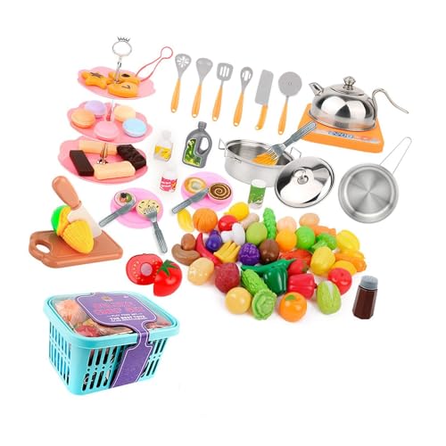 Milageto Spielküchen-Zubehör-Set, Spielzeug, Induktionsherd, Lerngeschenk, Schneidespiel, Obst- und Gemüse-Set für Kleinkinder, Jungen und Mädchen von Milageto