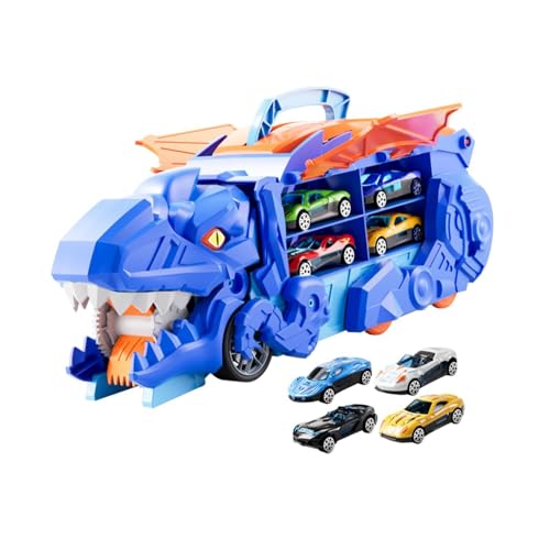 Milageto Transport-Dinosaurier-LKW-Spielzeug mit Rennstrecke, kreativ, Partygeschenk mit Spielzeugautos aus Druckgussmetall für Kinder ab 3 Jahren, mit 8 Leichtmetallautos von Milageto