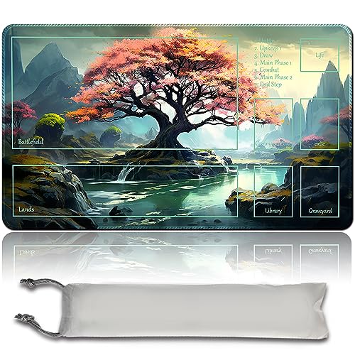 MilkPlaymat Brettspiel MTG Spielmatten+Kostenlose wasserdichte Bag,Stitched Edges,Game Mat 60 x 35 cm Smooth Rubber Surface,MTG PlayMat with Zones (pink Tree - 2,with Zone) von MilkPlaymat