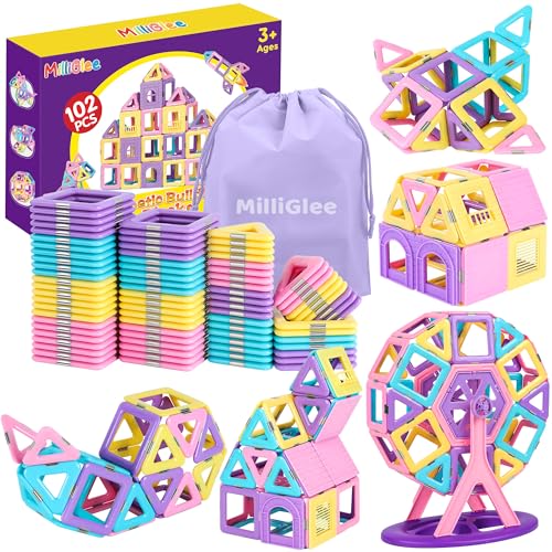 MilliGlee Magnetbausteine - 102 Teile Magnete Spielzeug für Kinder mit Aufbewahrungstasche Magnete Kinder Magnetspiel Magnetische Bausteine Spielzeug Geschenke Mädchen Jungen ab 3 4 5 6 7 8-12 Jahre von MilliGlee