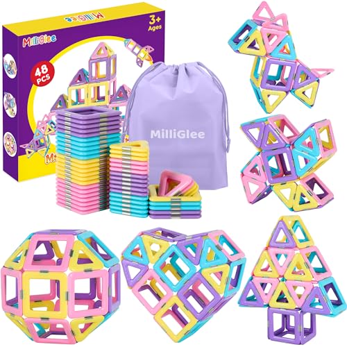 MilliGlee Magnetische Bausteine - 48 Teile Magnetbausteine Magnete Kinder mit Aufbewahrungstasche Magnetspiel Kinderspielzeug Geschenke Mädchen Jungen ab 3 4 5 6 7 8 Jahre von MilliGlee