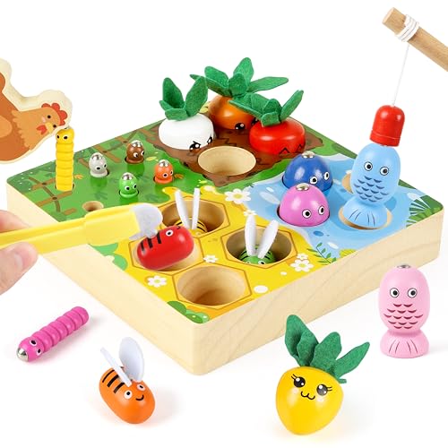 MilliGlee Magnetisches Angelspiel Montessori Spielzeug ab 2 Jahre Kinderspielzeug 4 in 1 Holz Magnetspiel Motorikspielzeug Holzspielzeug Geschenk für Junge und Mädchen ab 2 3 4 Jahre (4in1) von MilliGlee