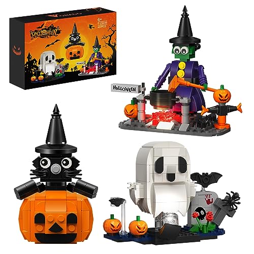 3 in 1 Halloween Bausteine Set, Kürbis Schwarze Katze, Geist und Hexe Spielzeug für Jungen und Mädchen, Festival Geburtstag Geschenk, mit Lichtern Halloween Dekoration Geschenk (437 Stück) von Millionspring