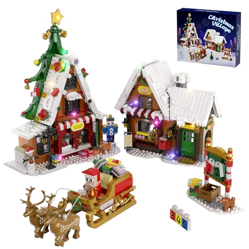 Millionenspring Weihnachtsdorf Bausatz mit geführten Lichtern, Weihnachtsmann Schneemann und Rentier, Kinder Boyfriends Erwachsene und Familien 1418PCS von Millionspring