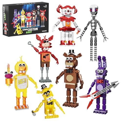 Millionspring 7-in-1 FNAF Zeichentrickfigur Bauspielzeugsets 5 Night at Fredy Baukasten Geschenkidee für FNAF Filmfans Erwachsene Kinder(696 Stück) von Millionspring