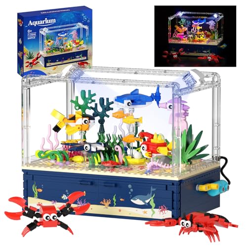 Millionspring Aquarium Fish Tank Bauspielzeug mit LED Licht, mechanisches Aquarium inklusive beweglichem Meeresleben, Seepferdchen, Hai, Krabbe, Geburtstag für Kinder ab 6 Jahren (841 Stück) von Millionspring