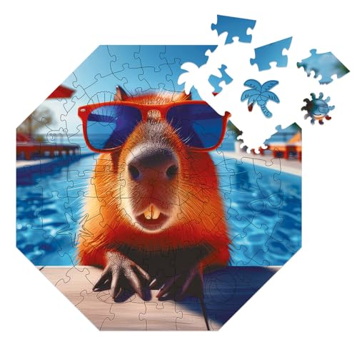 Milliwood Puzzle für die ganze Familie - Funnymals Serie - Puzzles mit einzigartigem Bild - Holzpuzzle für Kinder - Swimming Capybara 34x34cm - 90 Teile von MILLIWOOD