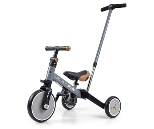 Milly Mally Bicycle 4in1 Optimus Plus Blaues Dreirad mit Griff, Laufrad für ein Kind schiebeauto ab 1 jahr dreirad von kettler dreirad kettler mit schubstange trike kinder kinderdreirad mit schubstang von Milly Mally