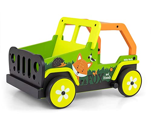 Milly Mally Explorer Kinder Lauflernwagen Holz Baby Push Pull Lauflernhilfe Spielzeug für 1-3 Jahre Laufwagen Fox and Friends von Milly Mally