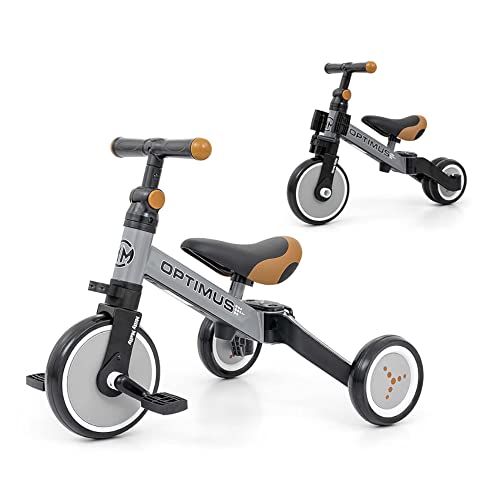 Milly Mally Optimus Kinderfahrrad 3-in-1, Dreirad, Laufrad mit Pedalen, für Jungen und Mädchen ab 1 Jahr, Lauflernhilfe für Kinder, Rutscher, für EIN Geschenk geeignet Grau von Milly Mally