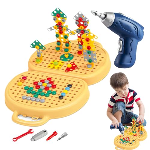 Creative Toddler Tool Set with Electric Drill & Puzzle Board | Kids Pretend Construction Toolbox | 2D/Building Set | Lernspielzeug für & Mädchen | Fun Rollenspielwerkzeug Kit für Alter 3-12 von Mimoqk