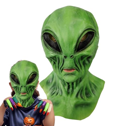 Halloween Alien Masken | Realistische Alien-Kopfmaske | Masken für Verkleidung | Perfekt für Halloween, Themenfeiern und Kostüme, aufwendiges Design mit Würfelfedern von Mimoqk