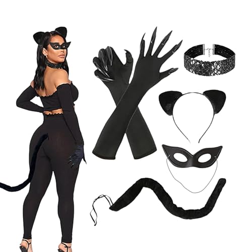 Katzen-Kostüm-Zubehör, Halloween-Kostüm, Halloween-Kostüm Set, bequeme Katzenkostüme für Damen, schwarze Katzenkostüme mit verstellbarer Passform, Kostüm-Set von Mimoqk