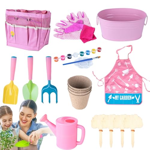 Kids Gardening Tools Set, Outdoor Garden Toy, Fun Gardening Play Kit, 20-teiliges Gartenwerkzeug-Set, inkl. Wasserbehälter, Shovel, Rake, Handschuhe und Aufbewahrungstasche für und Mädchen von Mimoqk