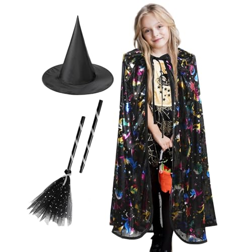 Mimoqk Black Witch Hat Set, Broom and Hat Costume, Witch Cape for Kids, Role-Playing Cape Set, Exquisite Print Halloween Cape, Tie-Up Kostüm Cape, Holiday Celebration Outfit, Kids Witch Kostüm Set, von Mimoqk