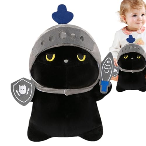 Mimoqk Entzückendes schwarzes Katzentier, süße Katzenpuppe mit Ritterkleid, Sammlerstücke für Kinder, schwarzes Katzentier von Ritter, weiches schwarzes Katzenplüschtier von c von Mimoqk