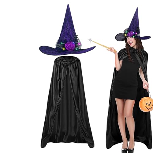 Mimoqk Halloween Hexen Cape,Halloween Kostüm Cape - Zaubererumhang Hexenumhang,Schwarzes Umhang-Set mit leuchtendem Hexenhut, Halloween-Kostüme für Erwachsene für Kostüm-Rollenspiele von Mimoqk