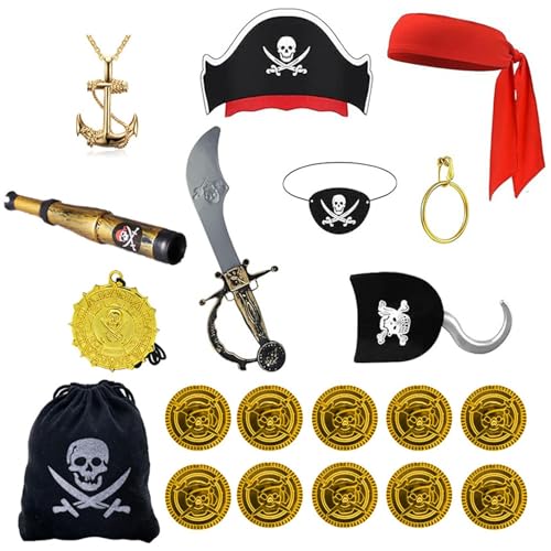 Mimoqk Halloween Pirat Zubehör Set Halloween Piraten Requisiten Halloween Party Supplies Halloween Piraten Kostüm Cosplay beinhaltet Totenkopf Druck Hut von Mimoqk