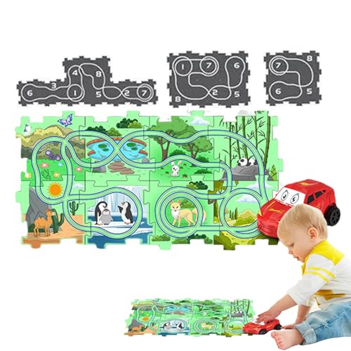 Mimoqk Puzzle Racer Kinder-Autobahn-Set, Puzzle-Bahn-Auto-Spielset, Slot-Car-Rennstrecken, Elektroauto-Spielset, Lernautospielzeug für Vorschulaktivitäten in Vergnügungsparks von Mimoqk