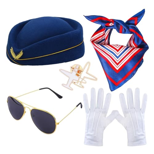 Mimoqk Stewardess Costume Accessories, Attendant Brooch, Airplane Brooch, Blue Red White Striped Scarf, 56-58cm, Perfect for Students, Cosplay, Themed Parties, and Dress-Up von Mimoqk