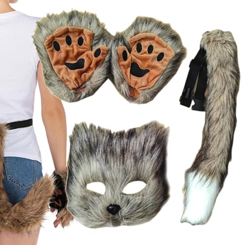 Mimoqk Wolf-Maske, Wolf-Cosplay-Zubehör, pelziges Wolfsschwanz-Set, lustiges Tier-Cosplay-Set, künstliche Wolf-Halbgesichtsbedeckung, pelziges Kostüm-Set, pelziges Cosplay-Set, Halloween-Wolf-Kostüm von Mimoqk