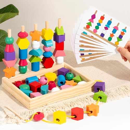 MinXin Montessori Spielzeug ab 2 3 4 Jahre, Holz Sortier & Stapelspielzeug, Holzspielzeug Fädelspiel mit Ablagefach und Karten, Holzperlen Einfädeln Spielzeug, Lernspielzeug für Kleinkinder von MinXin