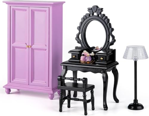 1/12 Miniature Dollhouse Bedroom Furniture, 5 PCs Puppenhaus Schlafzimmer Möbelzubehör, schwarzer Kommodenentisch mit Hocker, lila Garderobe, Parfums auf Tablett und Stehlampe für Dollhouse Szene von Minamzee