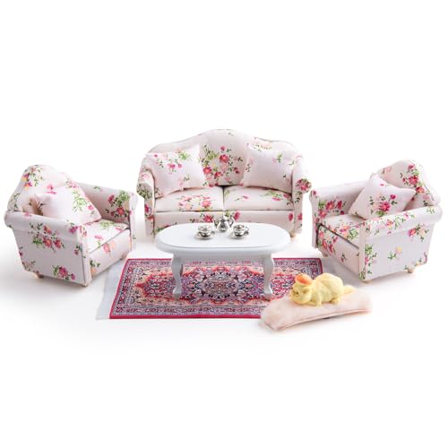 1/12 Puppenhaus Sofa Set, 16 teilig Aus Holz Miniatur-Puppenhaus-Zubehör, Möbel-Set, Kätzchen, Tisch, Tee-Set, Teppich und Wohnzimmer, Stoffmöbel, Couch mit Rückenkissen für Puppenhaus-Liebhaber von Minamzee