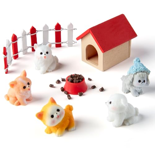 Puppenhaus-Miniatur Hunde Set, 9-teilig Maßstab 1:12 Puppenhaus-Möbel, Miniatur-Hundehaus, Hundenapf, Hundefutter, 5 niedliche Welpen und Mini-Zaun, für Puppenhaus-Feengärten, Wohnzimmer usw. von Minamzee