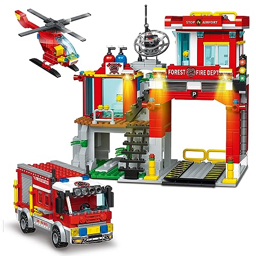 MindBox Stadt Feuerwehr Baustein Set, einschließlich Feuerwehr Station, Rettungshubschrauber, Auto, 776pcs Feuerwehr Gebäude Spielzeug Geschenk für Jungen 6-12 von MindBox