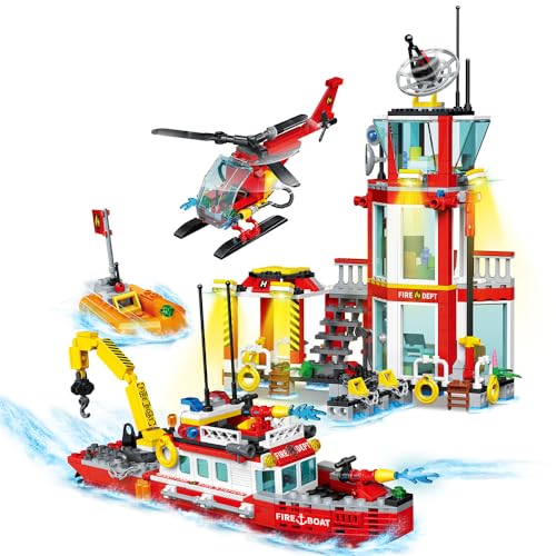 MindBox Stadt Feuerwehr Bausteine Set, Marine Feuerwehr Station, Rettungshubschrauber, Boote für Schiff 779 Pcs Feuerwehr Spielzeug Geschenk für Jungen 6-12 von MindBox