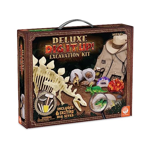 Dig It Up! Deluxe-Ausgrabungs-Set – Entdecke Edelsteine, Fossilien, Dinosaurier und ein Skelett zum Zusammenbauen – Graben Sie 8 Schätze aus, inklusive Explorer-Weste und Hut – für Kinder ab 4 Jahren von MindWare