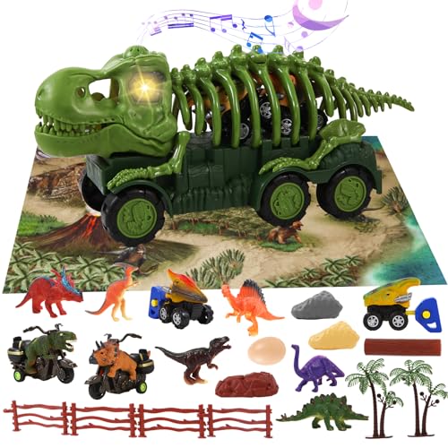 Dinosaurier LKW Spielzeug, Dinosaurier Skelettauto mit Geräuschen und Lichtern, 6 Dino Figuren, 4 Mini Dino Autos, Aktivitätsspielmatte, Eier und Bäume, Dinosaurier Spielset für Jungen und Mädchen von MindWissUp