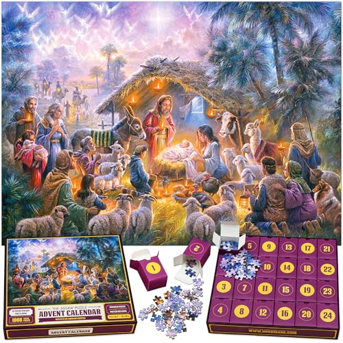 Der Original-Puzzle-Adventskalender 2024 – Krippe, 24 Boxen à 1008 Teile, Weihnachts-Countdown, Spaß für Kinder, Erwachsene, Familie, offizielles Kunstwerk von Abraham Hunter von Mindmade