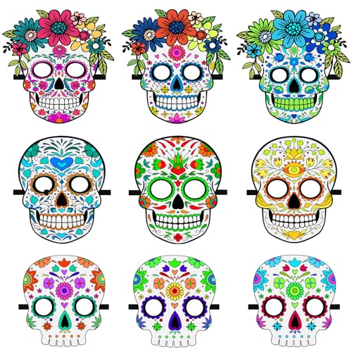 MineIdea Day of the Dead Filzmasken für Erwachsene und Kinder, 9 Stück, Dia de Los Muertos Totenkopfmasken, Blumenzucker-Totenkopf-Masken, verstellbare Halloween-Masken, Dia De Los Muertos von MineIdea