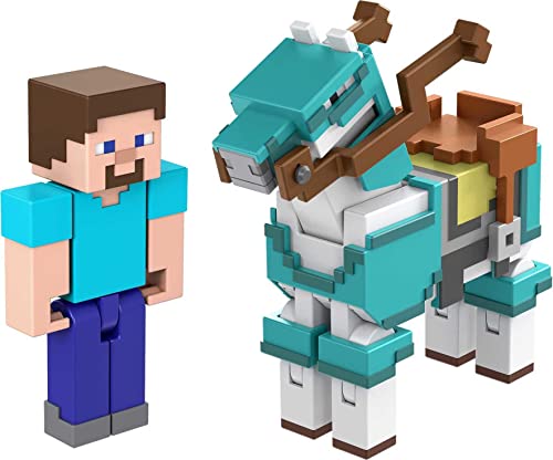 MINECRAFT Craft-a-Block 2er-Pack - Steve und Pferd mit Rüstung, Zubehörteile, bewegliche Gelenke, für Kinder ab 6 Jahren, HDV39 von Mattel