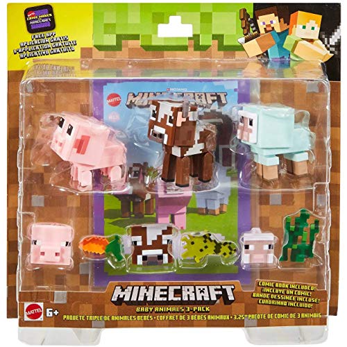 Mattel GFY78 Minecraft Comic-Modus Tierfiguren 3er-Pack mit Futterzubehör und austauschbaren Gesichtsausdrücken, Spielzeug ab 6 Jahren von Minecraft