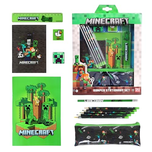 Minecraft Stifte Set Schreibwaren Schulsachen inkl. Radiergummi Bleistift Schulanfang, für Adventskalender o. Mitgebsel - Original Fanartikel für Jungs - 12-teilig von Minecraft