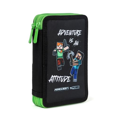 Ragusa-Trade Alex Creeper Steve Federtasche Kinder, Federmäppchen, Pencil Case Große Kapazität, Etui Schule Jungen und Mädchen, 2-Fach Federtasche, Federmappe, 18 TLG. Gefüllt, grün/schwarz von Minecraft