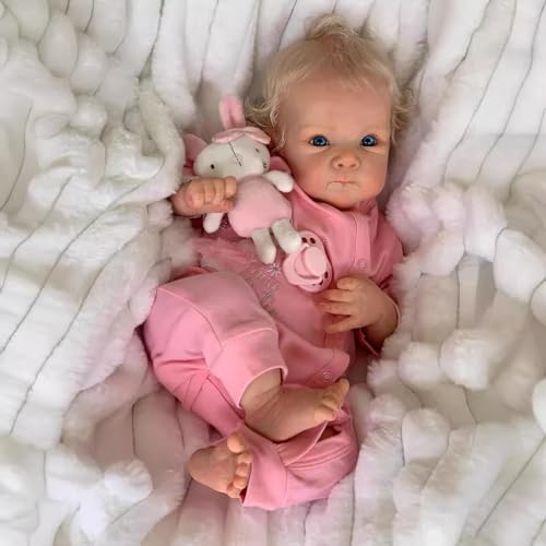 MineeQu 19 Zoll Blondes gelocktes Haar Aufgewecktes kuscheliges Baby Lebensechte Reborn Puppe beschwertem Stoffkörper Realistischee Neugeborene Mädchen Puppen Geschenkset mit magnetischem Schnuller von MineeQu