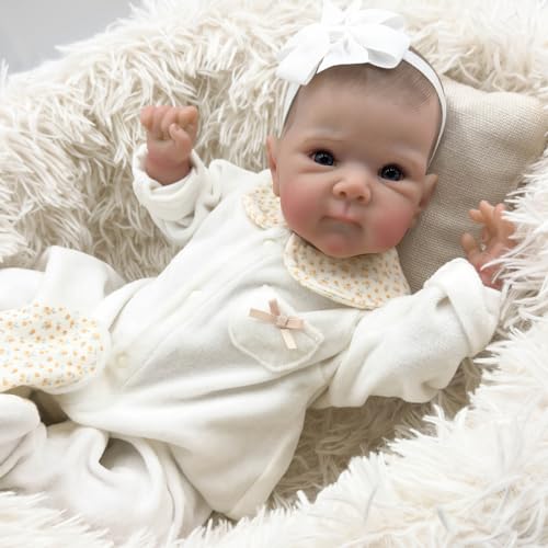 MineeQu 19 Zoll Gemaltes Haar Kuschelige Baby Reborn Puppe mit beschwertem Stoff Körper Handgemachte Vinyl Puppe Realistischee Neugeborene Mädchen Puppen Lebensechte Stirnband Blume von MineeQu