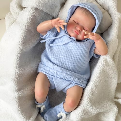 MineeQu 19 Zoll süße schlafende realistische Reborn-Baby-Puppe bemaltes Haar Stoffkörper lebensechtes neugeborenes Baby sammelbare Kunstpuppen perfekt für Kuscheln Spielzeit und Geschenk geben von MineeQu