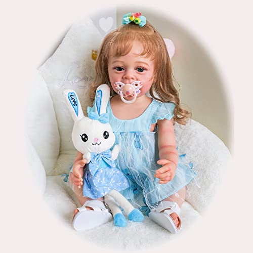 MineeQu 22 Zoll 55CM So Truly Sweet Smile Rooted Curly Hair Silikon-Vinyl-Ganzkörper-Reborn-Babypuppen Realistische Neugeborene Kleinkind Dolls mit Zähnen Spielzeug Geschenkset für Mädchen ab 3 Jahren von MineeQu