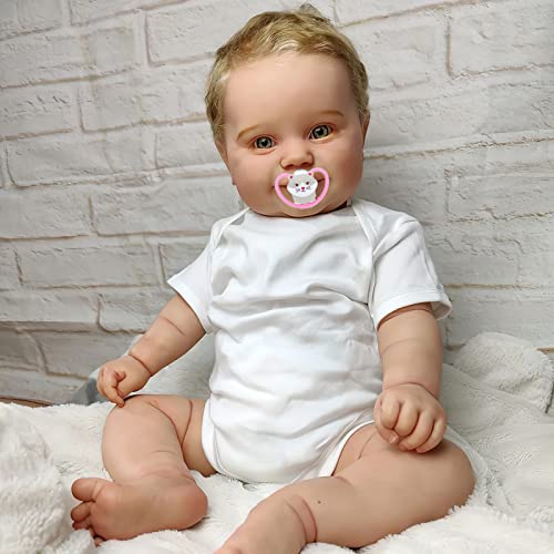 MineeQu 24 Zoll 60CM Lebensecht Lächelnd Soft Touch Kuschelig Körper Reborn Baby Puppen Geschenk Set mit Rooted Blond Hair Realistisch Neugeborene Kleinkind Dolls Schauen Sie Real in grünen Augen von MineeQu