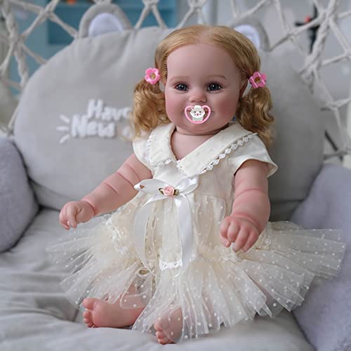 MineeQu 50CM Premie Baby Größe Verwurzeltes Blond Haar Süßes Lächeln Wiedergeborene Babypuppen Silikon Vinyl Ganzkörper Realistisch Neugeborenes Mädchen Prinzessin Puppen Aussehen Echt Kuschelkörper von MineeQu