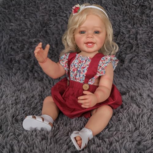 MineeQu 55CM lebensechte süße lächelnde verwurzelte Blonde Haare Silikon-Vinyl-Ganzkörper-Reborn-Babypuppen Realistische Neugeborene Kleinkind Dolls Spielzeug Geschenkset für Mädchen ab 3 Jahren von MineeQu