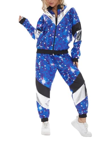 Minetom 80er Jahre Outfit Karneval Kostüm Damen Retro Trainingsanzug Disco Jogginganzug Mottoparty Faschingskostüme Jacke und Hose Zweiteiler Set Sport Freizeitanzug A01 Blau L von Minetom