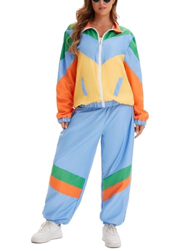 Minetom 80er Jahre Outfit Karneval Kostüm Damen Retro Trainingsanzug Disco Jogginganzug Mottoparty Faschingskostüme Jacke und Hose Zweiteiler Set Sport Freizeitanzug A01 Gelb L von Minetom