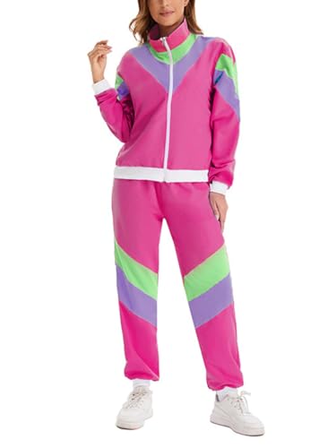 Minetom 80er Jahre Outfit Karneval Kostüm Damen Retro Trainingsanzug Disco Jogginganzug Mottoparty Faschingskostüme Jacke und Hose Zweiteiler Set Sport Freizeitanzug A01 Rose L von Minetom